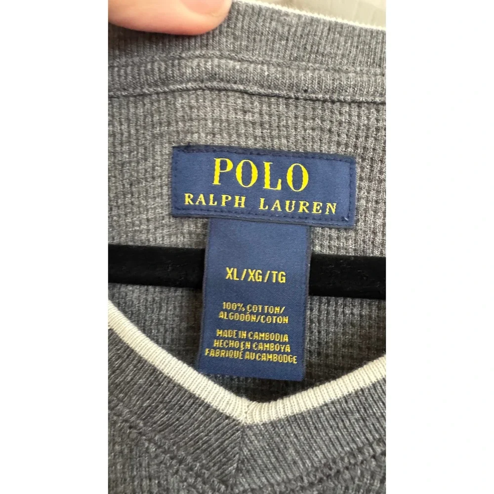Polo Ralph Lauren Thermal Shirt Men XL Gray V-Neck Waffle Knit Pony Logo NEW